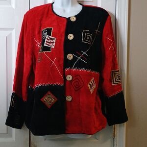 Vintage Allure Patchwork Button down jacket  red black  Sz M NWOT